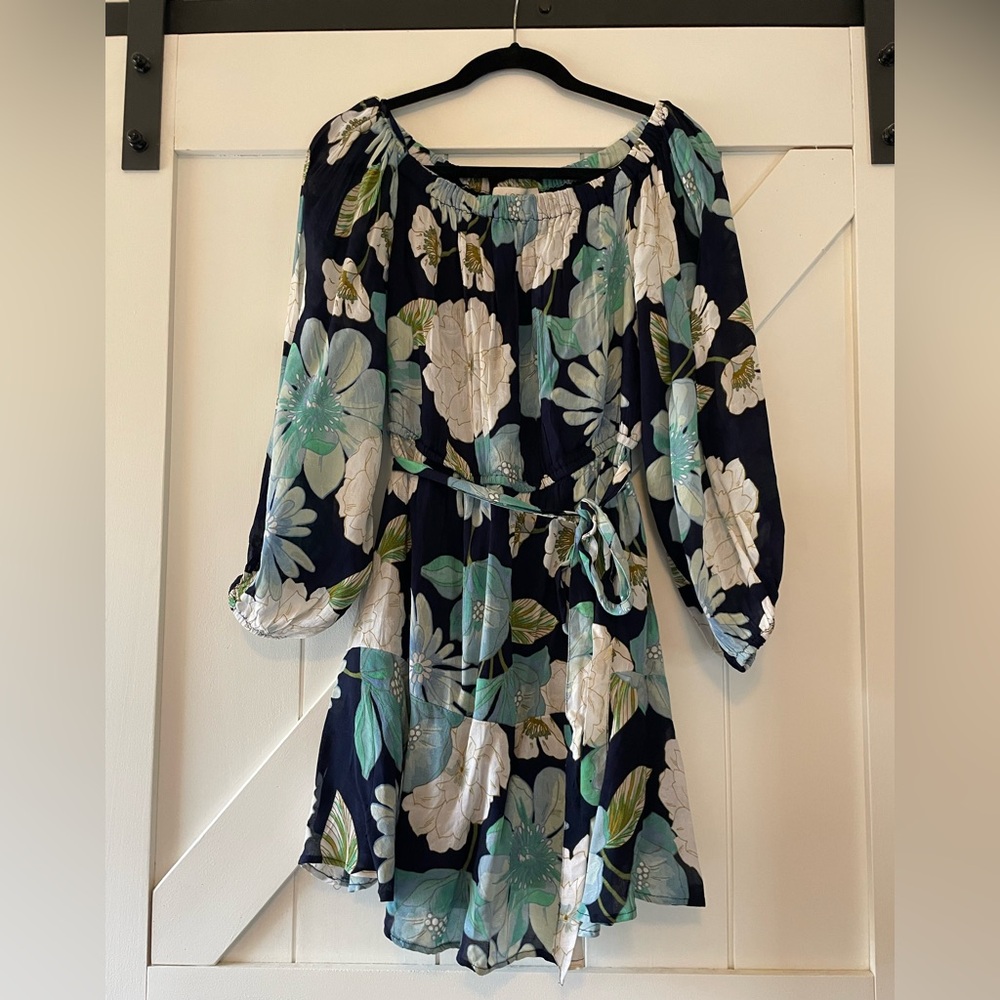 LOFT Floral Mini Dress - Navy and White
